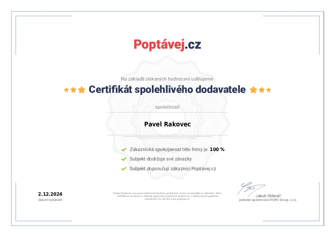 Certifikát spolehlivého dodavatele Poptávej.cz